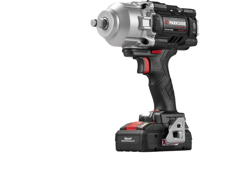 Cordless impact wrench with brushless technology and a 4 Ah battery.