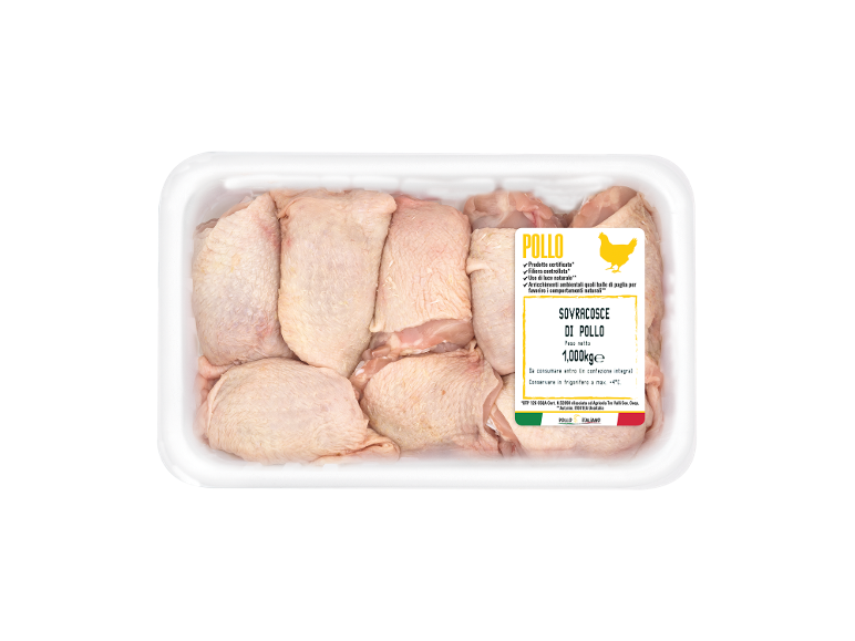 Raw chicken thighs in packaging, with a label indicating a certified product.