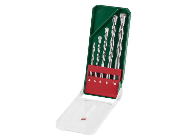 Concrete drill bit set in green and red casing, sizes 4, 5, 6, 8, 10.