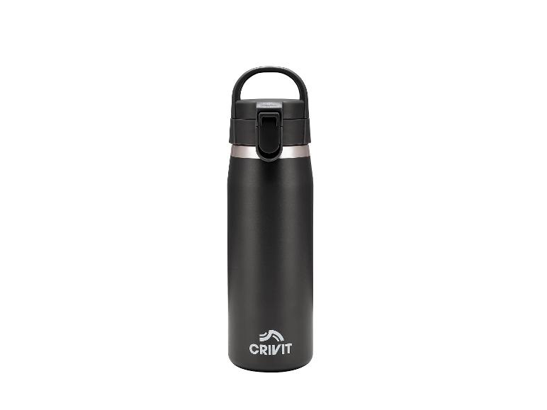 Black thermos with a handle and a silver logo on a white background.
