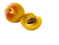 Whole apricot and half an apricot with a pit on a white background.