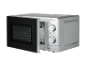 Silver microwave oven with door open, showing power and timer dials.