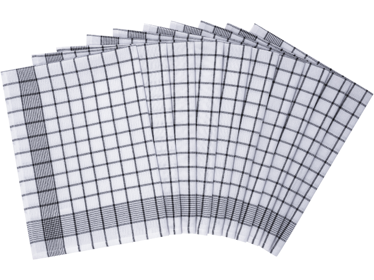 Set of white kitchen towels with black checkered pattern