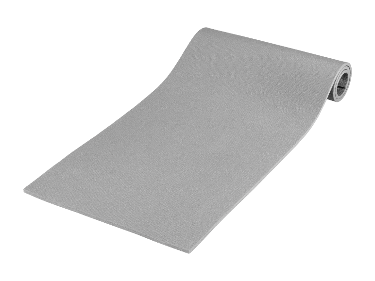 Grey rolled fitness mat on a black background.