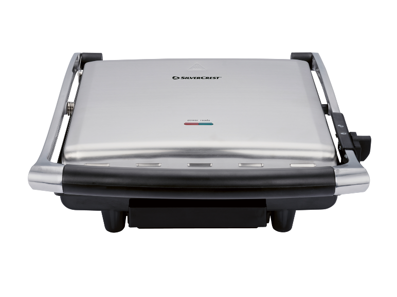 Silver sandwich grill with power and ready indicators.