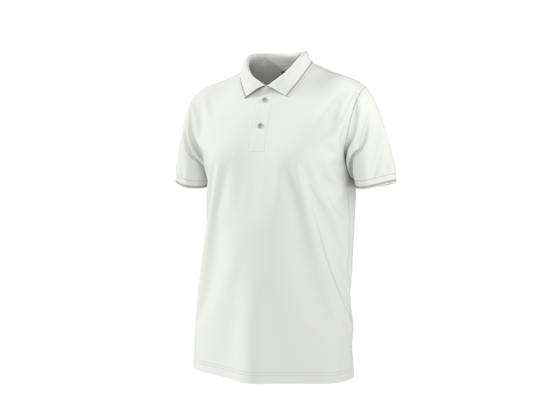White short-sleeved polo shirt with light brown trim on collar and sleeves