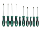 Set of 12 screwdrivers with ergonomic green and black handles, including flat and Phillips tips.