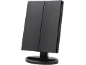 Black foldable illuminated cosmetic mirror on a stand.