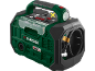 Green and black portable compressor with a handle, a light, and a stored hose.