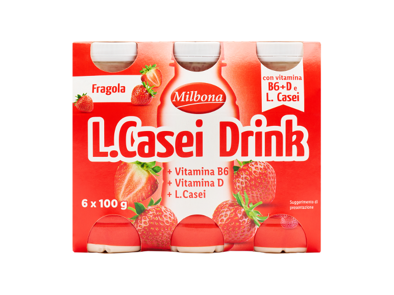 Strawberry yogurt drink with vitamins B6, D and L. Casei, 6 x 100 g pack.
