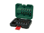 Set of screwdriver bits and sockets in a green case.