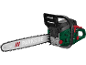 A green and black electric chainsaw with a silver bar and chain, angled right.