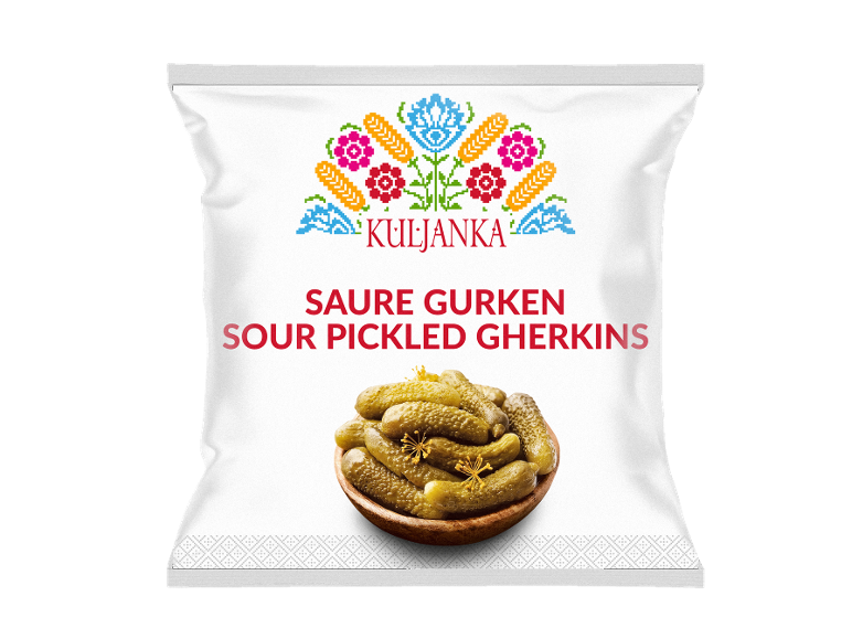 White pouch of sour pickled gherkins with a folk-art inspired floral design.