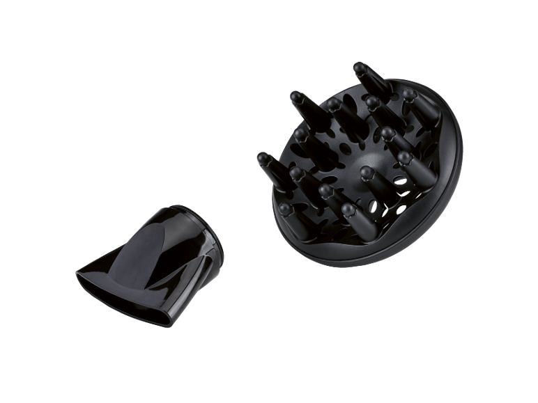 Black hair dryer diffuser and concentrator on a black background.