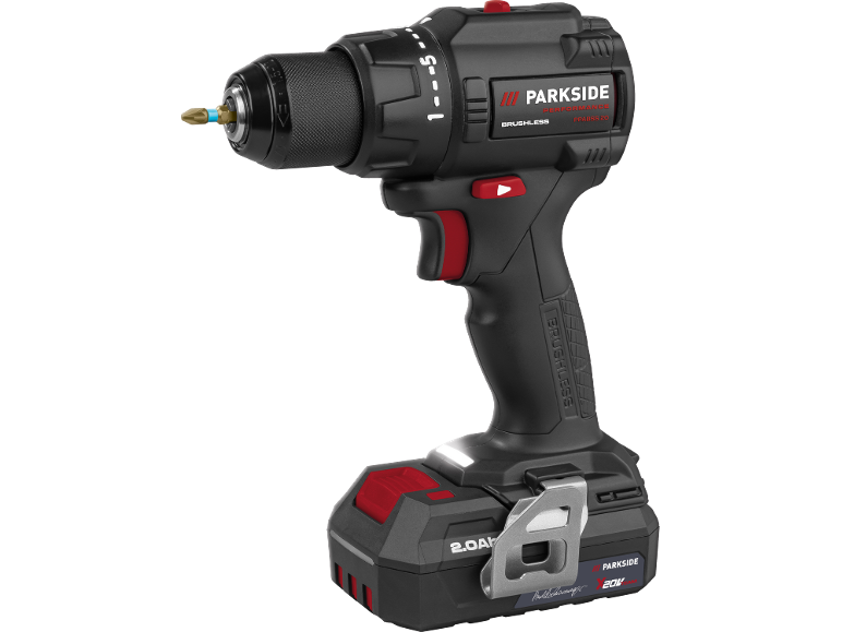 Black cordless drill driver with red accents and a screw bit.