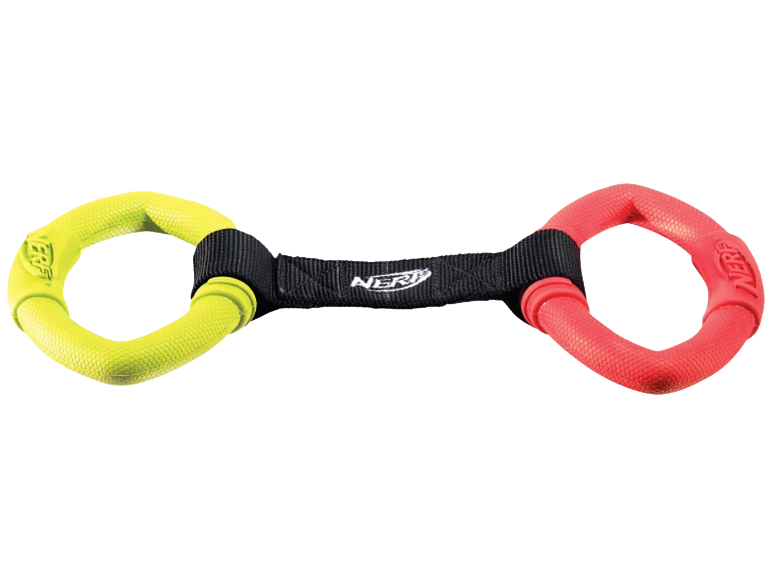 Dog toy with two rubber rings, one yellow and one red, connected by a black strap.