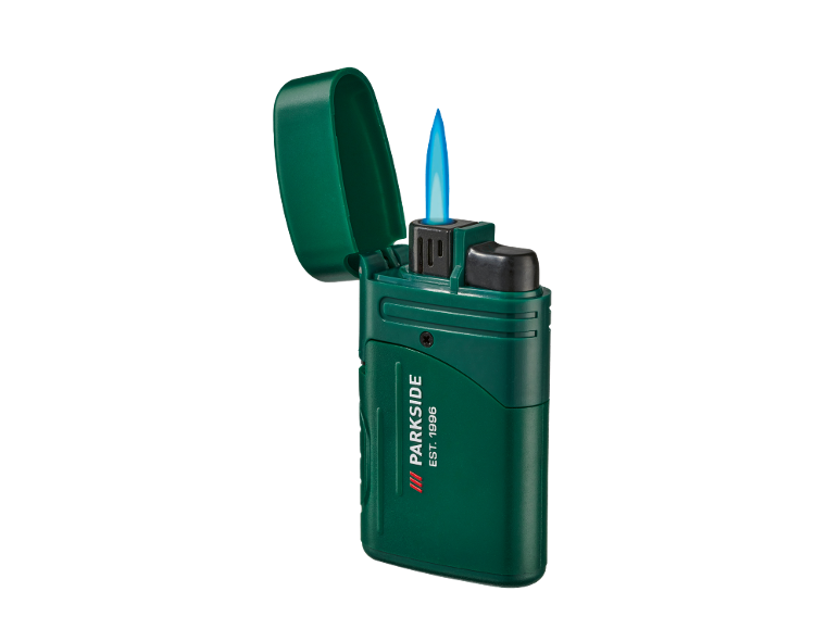 Green gas lighter with an open lid and a blue flame.
