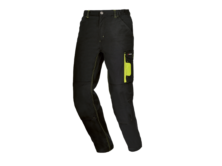 Black work trousers with neon yellow stitching and pockets.
