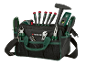 Black tool bag with screwdrivers, hammer, spirit level, and pliers.