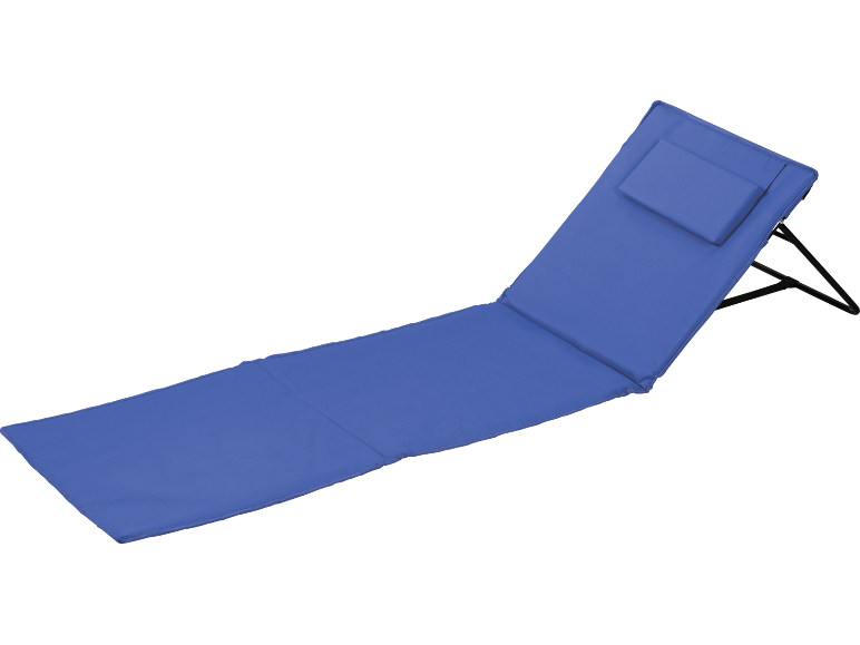 Blue foldable lounge mat with backrest and pillow.
