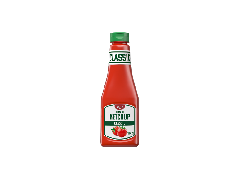 1 kg classic tomato ketchup bottle with a green cap.