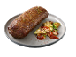 Meatloaf with grilled zucchini and white beans on a plate.