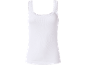 White ribbed tank top with lace details at the neckline and straps.