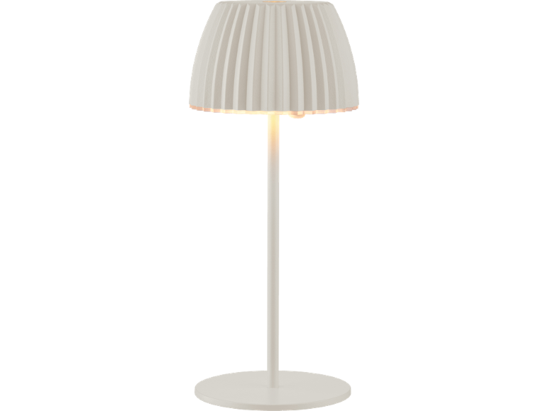 White table lamp with a pleated shade and a round base.