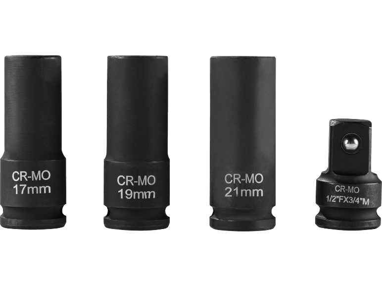 Four black CR-MO sockets of various sizes: 17mm, 19mm, 21mm, and 1/2'FX3/4'M.