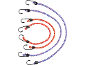 Colorful bungee cords with hooks in red, yellow, blue, and white patterns.