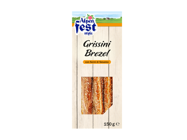 Pack of sesame seed pretzel-style breadsticks on a light wooden background.