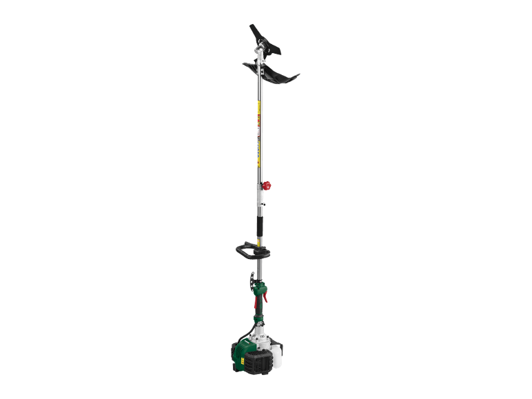 Petrol brush cutter with a black blade, green handle, and white fuel tank.