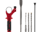 Rotary hammer accessory set with chisel, drill bits, and depth rod.