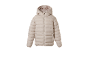 Cream padded jacket with a hood and front zipper.