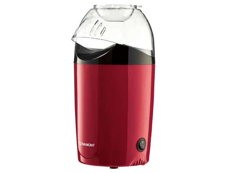 Red popcorn maker with a transparent lid and a black power switch.