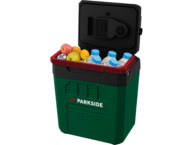 Portable cooler with apples, oranges, lemon, cans, and water bottles.