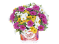 Flower pot with pink, yellow, and white flower arrangements, with 'Confetti Garden' on the pot.