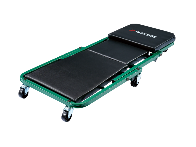 Green foldable mechanic's creeper with black padded cushions and wheels.