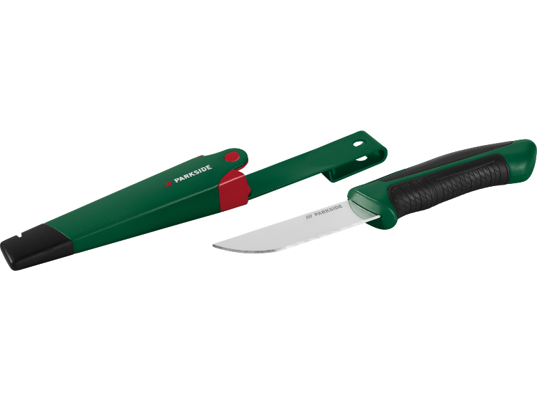Work knife with green and black handle, with green and red sheath.