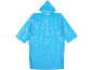 Blue disposable rain poncho with a hood.
