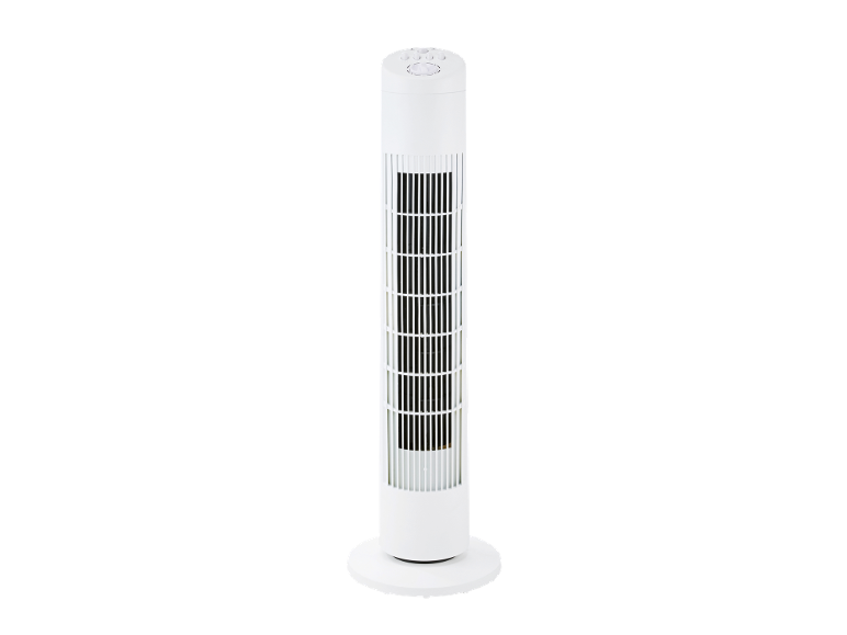 White tower fan with a round base and top control panel.