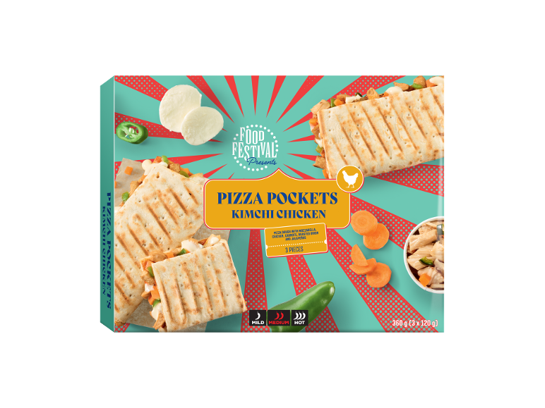 Box of Kimchi Chicken Pizza Pockets, filled with mozzarella, chicken, carrots, roasted onion, and jalapeños.