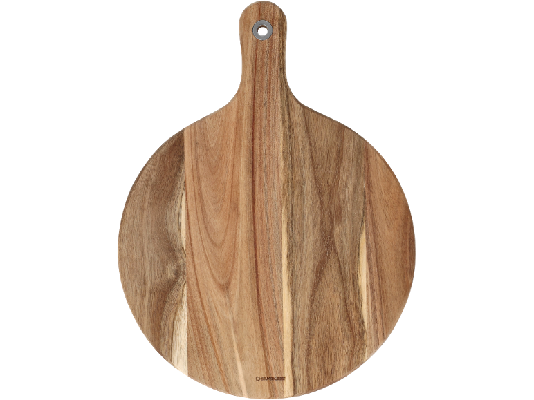 Round wooden cutting board with a handle and a metal hanging hole