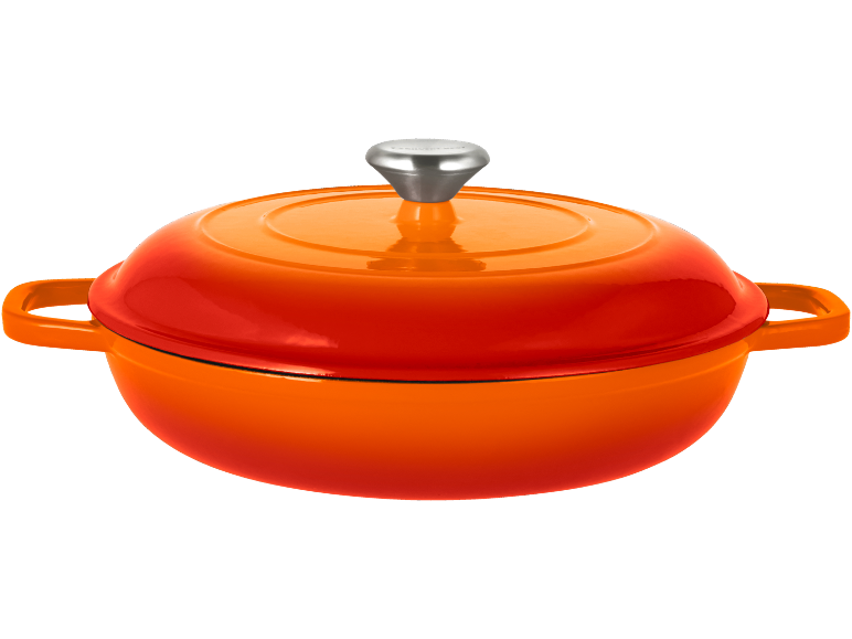 Orange cast iron pot with handles and lid
