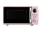 Pink retro-style microwave oven with a black door and a digital display.