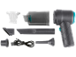 Disassembled handheld vacuum cleaner with accessories and charging cable.