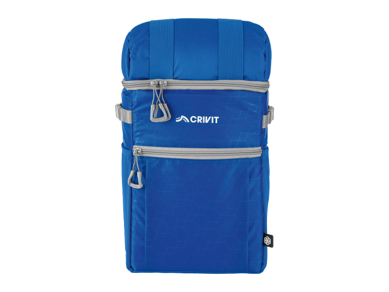 Blue cooler backpack with zippers and a honeycomb pattern.
