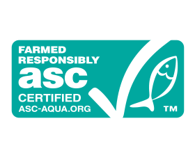 ASC certified: Farmed responsibly, ASC-AQUA.ORG.