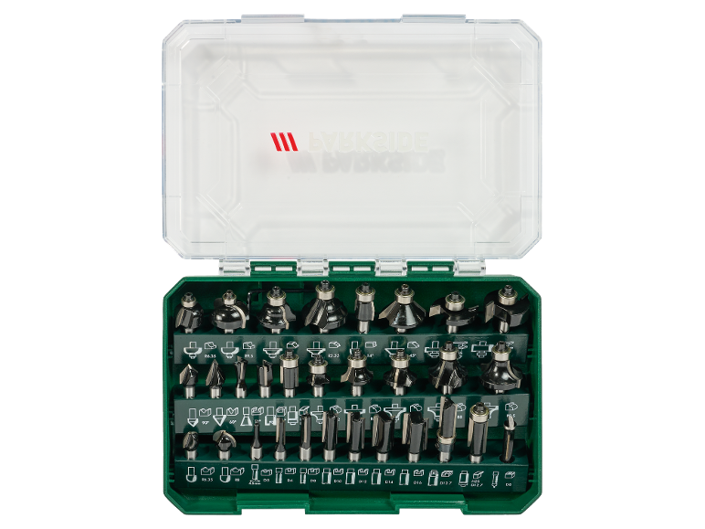 A set of 37 router bits in a green case with a transparent lid.
