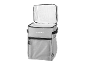 Open gray cooler bag with hexagonal pattern and zippered front pocket.